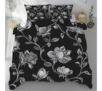 Parure de Lit Motif Fleur Élégant, Housse de Couette Floral Noir et Blanc Minimaliste Moderne Microfibre Linge de Lit 240x260 2 Personnes Literie avec Fermeture Éclair et 2 Taies D'oreiller 80x80 cm