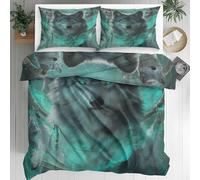 Parure de lit Motif Loup Attrape-Rêves - Housse de Couette Enfants Galaxie Sarcelle 200x200 - Literie Double en Microfibre Brossée - 2 Taies d'oreiller & Fermeture Éclair - Douce et Respirante F82