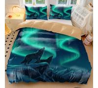 Parure de lit motif loup hurlant à la lune, nuit enneigée, aurore boréale, housse de couette pour décoration de chambre à coucher (01, lit double 200 x 200 cm + 50 x 75 cm x 2)