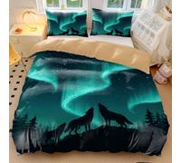 Parure de lit motif loup hurlant à la lune, nuit enneigée, aurore boréale, housse de couette pour décoration de chambre à coucher (05, King size 240 x 220 cm + 65 x 65 cm x 2)