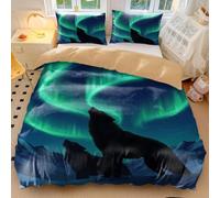 Parure de lit motif loup hurlant à la lune, nuit enneigée, aurore boréale, housse de couette pour décoration de chambre à coucher (02, lit double 200 x 200 cm + 65 x 65 cm x 2)