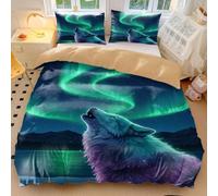 Parure de lit motif loup hurlant à la lune, nuit enneigée, aurore boréale, housse de couette pour décoration de chambre à coucher (04, king size 240 x 220 cm + 65 x 65 cm x 2)