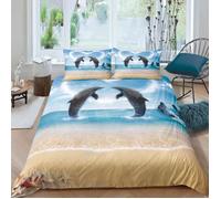 Parure de lit - MOUTON MAISON DECO - Couples de dauphins heureux - Bleu blanc marron - Microfibre - 220x240 cm