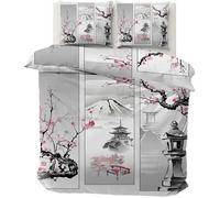 Parure de lit - MOUTON MAISON DECO - Mont Fuji Fleurs De Cerisier Japonais - Gris blanc noir rose rouge - Microfibre- 220x240 cm