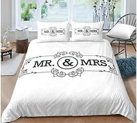 Parure de Lit Mr & Mrs Noir Blanc 1/2 Personne Housse de Couette Couple Lettre Romantique avec Fermeture éclair Couvre-lit en Polyester d'impression de Lèvres Rouges de Barbe (Style 6, 260_x_230_cm)