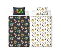 Parure de lit Nintendo Super Mario Officielle avec Motif Mario, Luigi et Bowser | Housse de Couette réversible Double Face Noire avec taie d'oreiller Assortie
