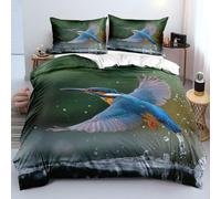 Parure de Lit Oiseaux - Martin-Pêcheur Bleu Survolant Le Lac, Housse de Couette 260x240 en Microfibre Douce et Infroissable - Housse de Couette à Thème Animalier Vert pour Les Amoureux Des Oisea