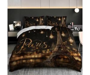 Parure de Lit Or Noir pour Adultes - Housse de Couette 140x200 cm | Housse Couette et 2 Taies d’Oreiller éLéMents Romantiques Parisiens en Microfibre Doux et Confortable pour 1 Personnes Lit