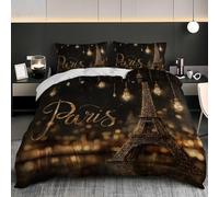 Parure de Lit Or Noir pour Adultes - Housse de Couette 200x200 cm | Housse Couette et 2 Taies d’Oreiller éLéMents Romantiques Parisiens en Microfibre Doux et Confortable pour 2 Personnes Lit