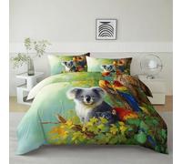 Parure de Lit Peinture Numérique Koala Perroquet Arbre 90 x 200 cm Housse de Couette en Microfibre, Ensemble de Literie pour Filles Garçon Ado, Vert Imprimé Housse de Couette