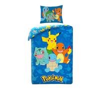 Parure de Lit Pokemon avec Pikachu, Salamèche, Carapuce et Bulbizarre, Housse de Couette 140x200 cm + Taie d'oreiller 65x65 cm, Bleu