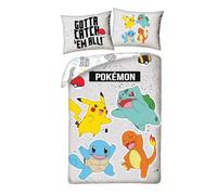 Parure de Lit Pokemon avec Salamèche, Carapuce, Pikachu et Bulbizarre, Housse de Couette 140x200 cm + Taie d'oreiller 70x90 cm, Gris