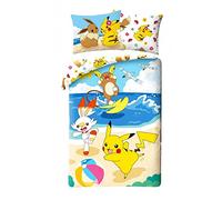 Parure de Lit Pokemon Beach Réversible, 100% Coton, Housse de Couette 140x200 cm + Taie d'oreiller