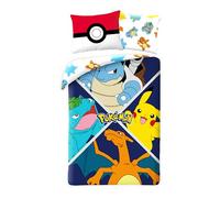 Parure de Lit Pokemon Èvolution pour Enfant, Housse de Couette Réversible 140x200 cm + Taie d'oreiller, avec Pikachu, Tortank (Carapuce), Dracaufeu (Salamèche) et Florizarre (Bulbizarre)