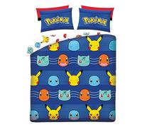 Parure de lit Pokémon Officielle 240x220 cm - Housse de Couette réversible Pikachu, Bulbizarre, Salamèche, Carapuce + 2 taies 65x65 - 100% Polyester, Entretien Facile