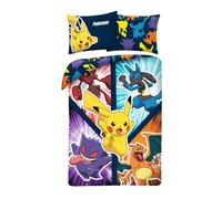 Parure de Lit Pokemon pour Enfant, Housse de Couette 140x200 cm et Taie d'oreiller, avec Pikachu, Dracaufeu, Lucario, Ectoplasma et Cizayox, 100% Coton