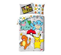 Parure de Lit Pokemon pour Enfant, Housse de Couette 140x200 cm + Taie d'oreiller 65x65 cm, avec Salamèche, Bulbizarre, Carapuce et Pikachu