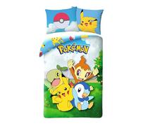 Parure de Lit Pokemon Réversible, 100% Coton, Housse de Couette 140x200 cm + Taie d'oreiller, avec Tiplouf, Pikachu, Ouisticram et Tortipouss