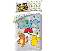 Parure de Lit Pokemon Rules, Housse de Couette 140x200 cm + Taie d'oreiller, avec Pikachu, Bulbizarre, Salamèche et Carapuce