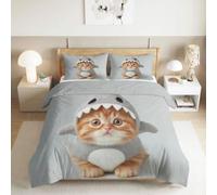 Parure de lit pour Enfant Animal Mignon 200 x 200 cm, Housse de couetteChat Orange Sweat Requin légère, sans Plis et hypoallergénique, Ensemble de literie pour Adolescents avec 2 taies d'oreiller