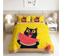 Parure de lit pour Enfant Cartoon Été Mignon 200 x 200 cm, Housse de couetteChat Noir Pastèque légère, sans Plis et hypoallergénique, Ensemble de literie pour Adolescents avec 2 taies d'oreiller