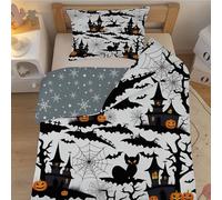 Parure de lit pour Enfant et BéBé Chauves-Souris Château - Housse de Couette 100x135 cm Chat Noir avec Taie d'oreiller 40x60 cm, Linge de Lit Bebe Doux Réversible pour Bebe/Tout-Petit - Blanc G13