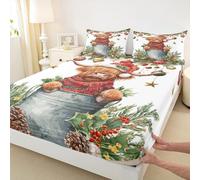 Parure de lit pour enfants avec drap-housse, motif vache des Highlands, décoration de chambre de Noël avec poinsettia, feuille de houx, pomme de pin, animal mignon, pour garçons et filles, vert et