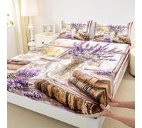 Parure de lit pour filles et garçons - Drap-housse de style rustique - Motif floral - Motif vieux livres - Avec 2 taies d'oreiller - Violet et marron - Pour lit double