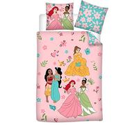 Parure de Lit Princesses Disney 100% Coton, Housse de Couette 140x200 cm + Taie d'oreiller 65x65 cm, avec Jasmine, Vaiana, Ariel, Belle et Tiana