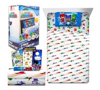 Parure de lit Pyjamasques pour enfant - Ensemble de draps de lit Pyjamasques avec drap plat, drap-housse et taie d'oreiller pour lit simple et autocollants, plus | Draps Pyjamasques pour lit simple