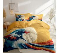 Parure de lit raffinée pour une personne, housse de couette réversible imprimée à motifs de vagues d'inspiration japonaise (119 x 150 cm), coloris varié, housse de couette ultra douce avec fermeture é