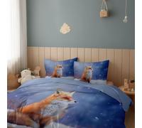 Parure de Lit Renard Neige Flocons De Neige Microfibre, 1 x Housse de Couette, et 2 x Taies d'oreiller 65 x 65 cm, 3 Pièces Réversible Parure de LitBleu Clair 140 x 200 cm, Couette 2 Personnes