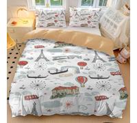 Parure de lit rétro en microfibre douce, motif tour Eiffel, œil de Londres, pour adultes et adolescents, housse de couette sur le thème des voyages (style 3, lit simple 135 x 200 cm + 2 x 65 x 65 cm)