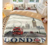 Parure de lit rétro en microfibre douce, motif tour Eiffel, œil de Londres, pour adultes et adolescents, housse de couette sur le thème des voyages (style 1, lit double 200 x 200 cm + 2 x 65 x 65 cm)