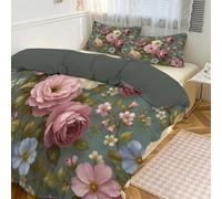 Parure De Lit Réversible, 260X240Cm Roses Et Feuilles Vertes Set De Housse De Couette Jardin Anglais Vintage Parure De Lit Avec 2 Taies D'Oreiller Pour 2 Personnes - Entretien Facile, Rose Vert