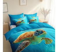 Parure De Lit Réversible Bleu 240 X 260 Cm Avec 1 Taie D'Oreiller 65 X 65 Cm - 3 Pièces Moderne Microfibre Imprimée Housse De Couette Style Hyperréaliste Tortue Animale Avec Fermeture Eclair