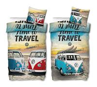Parure de lit réversible en 100 % coton renforcé de qualité avec fermeture éclair 186 Motif VW Volkswagen Bulli Time To Travel 135 x 200 cm + 80 x 80 cm