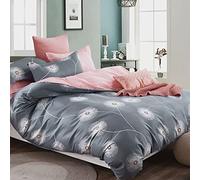 Parure de lit réversible en coton 155 x 220 cm - Gris et rose - Motif floral - Avec fermeture éclair - Tissu doux de qualité pour l'été et l'hiver - 155 x 220 cm + 80 x 80 cm