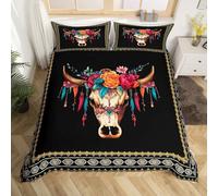 Parure de lit réversible en polyetser avec housse de couette taille L Motif tête de mort de bull et vache occidentale rustique (pas de consolateur) Motif tête de mort Multicolore Boho Aztèque Plaid