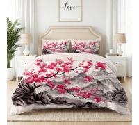 Parure de lit Réversible Encre Fleurs Set de Housse de Couette Japonais Fleurs de Cerisier Montagnes 140 x 200 cm avec 2 taies d'oreiller pour lit 2 Personnes - Respirable Hypoallergénique, Blanc