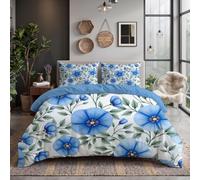 Parure De Lit Réversible Fleurs Bleues Branches Et Feuilles D'Olivier Set De Housse De Couette 200X200Cm Fleurs Pastorales À L'Aquarelle Parure Couette Avec Taies D'Oreiller 65X65 Cm,Bleu Royal