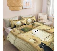 Parure De Lit Réversible Multicolore 200 X 200 Cm Avec 1 Taie D'Oreiller 65 X 65 Cm - 3 Pièces Moderne Microfibre Imprimée Housse De Couette Chat Fantôme Style Dessin Animé Avec Fermeture Eclair