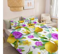 Parure De Lit Réversible Multicolore 220 X 240 Cm Avec 1 Taie D'Oreiller 65 X 65 Cm - 3 Pièces Moderne Microfibre Imprimée Housse De Couette Fleurs Citron Style Aquarelleavec Fermeture Eclair