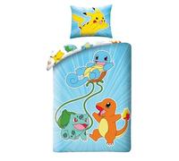 Parure de lit réversible pour enfant - Certifié Öko-Tex - Housse de couette 140 x 200 cm et taie d'oreiller 70 x 90 cm - Pokémon avec Pikachu, Glumanda, Scarabée et Bulbizarre