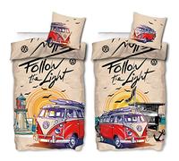 Parure de lit réversible VW Volkswagen Bulli Follow The Light 135 cm x 200 cm + 80 cm x 80 cm 100 % coton renforcé de qualité avec fermeture éclair 187