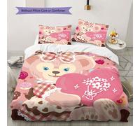 Parure De Lit Shirley Bear Heart Print - Plaid Rose Marron, Motif Ours Fantaisiste Avec Fleurs De Cupcakes, Taies D'oreiller Zippées (2), Polyester, Confort Toutes Saisons