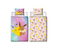 Parure de lit simple Pokémon sous licence officielle pour enfant | Motif Pikachu Evoli réversible 2 côtés avec taie d'oreiller assortie | Parure de lit simple pour enfant