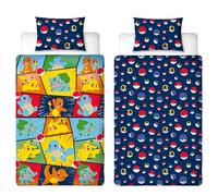 Parure de lit simple Pokémon sous licence officielle pour enfants | Pikachu Bulbasaur Charmander Squirtle Parure de lit réversible double face avec taie d'oreiller assortie | Parure de lit simple pour