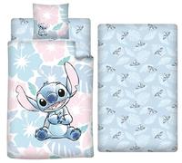 Parure de Lit Stitch Disney 3 Pièces - Housse de Couette Réversible 140x200 cm, Taie 65x65 cm et Drap Housse 90x200 cm - Certifiée Oeko-Tex Standard 100 - Bleu Floral - Fermeture à Boutons