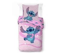Parure de Lit Stitch pour Enfant, Housse de Couette Disney Réversible 140x200 cm, Taie d'oreiller 65x65 cm, 100% Coton (Parure de lit Stitch Disney - B)
